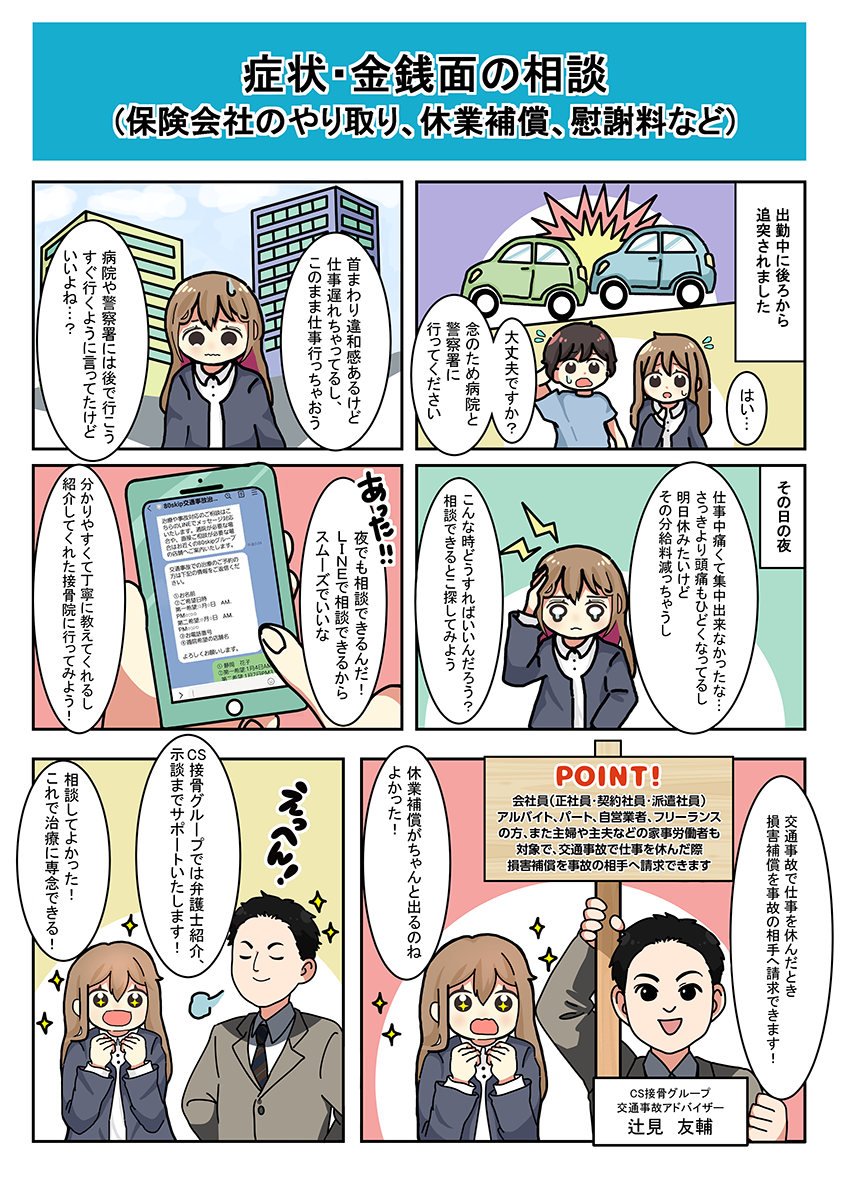症状・金銭面の相談(保険会社のやり取り、休業補償、慰謝料など) 出勤中に後ろから追突されました 大丈夫ですか?念のため病院と警察署に行ってください はい… 首まわり違和感あるけど仕事遅れちゃってるし、このまま仕事行っちゃおう 病院や警察署には後で行こう。すぐ行くように言ってたけどいいよね…?その日の夜 仕事中痛くて集中できなかったな…さっきより頭痛もひどくなってるし明日休みたいけどその分給料減っちゃう こんな時どうすればいいのだろう?相談できるとこ探してみよう あった!夜でも相談できるんだ!LINEで相談できるからスムーズでいいな 分かりやすく丁寧に教えてくれるし紹介してくれた接骨院に行ってみよう! 交通事故で仕事を休んだとき損害補償を事故の相手へ請求できます! POINT 会社員( 正社員・契約社員・派遣社員)アルバイト、パート、自営業者、フリーランスの方、また主婦や主夫などの家事労働者も対象で、交通事故で仕事を休んだ際損害補償を事故の相手へ請求できます 休業補償がちゃんと出るのね 良かった! CS接骨グループでは弁護士紹介、示談までサポートいたします! 相談してよかった!これで治療に専念できる!